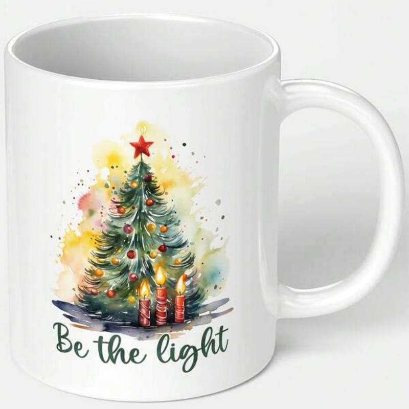 Tailorly White Ceramic 11 oz Mug - Be The Light Artistic Watercolor Holiday Design Featuring Glowing Candles And Bright Star Christmas Tree