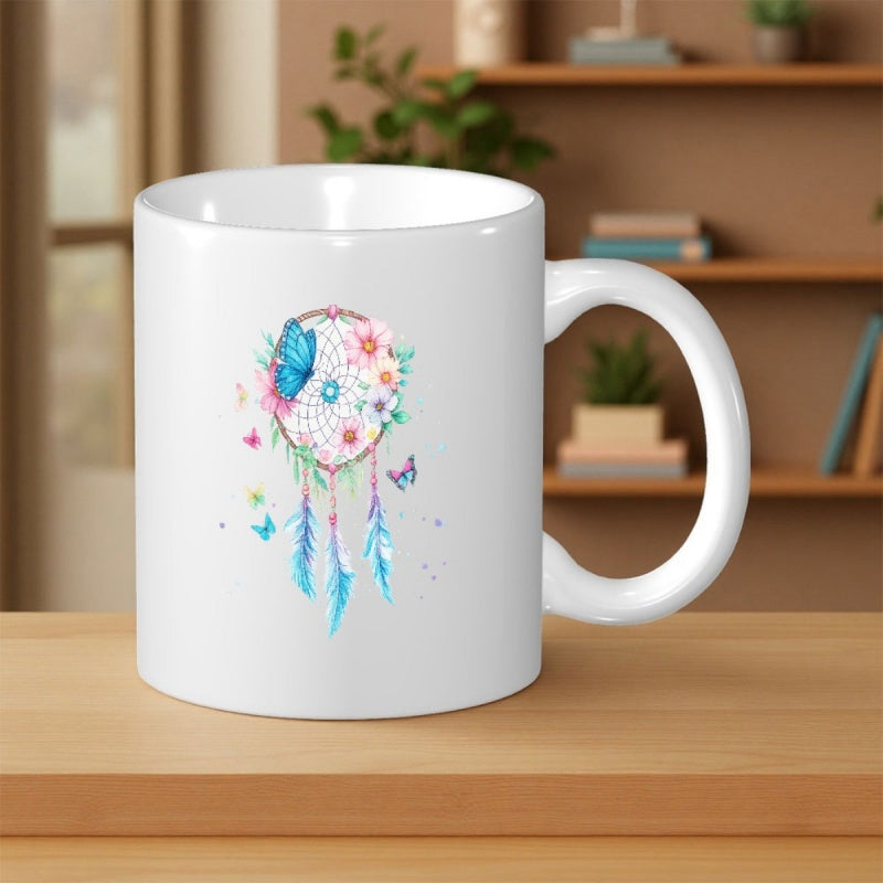 Tailorly White Ceramic 11 oz Mug - Artistic Watercolor Butterflies Hovering Over A Delicate Floral Feathers Hanging Dreamcatcher