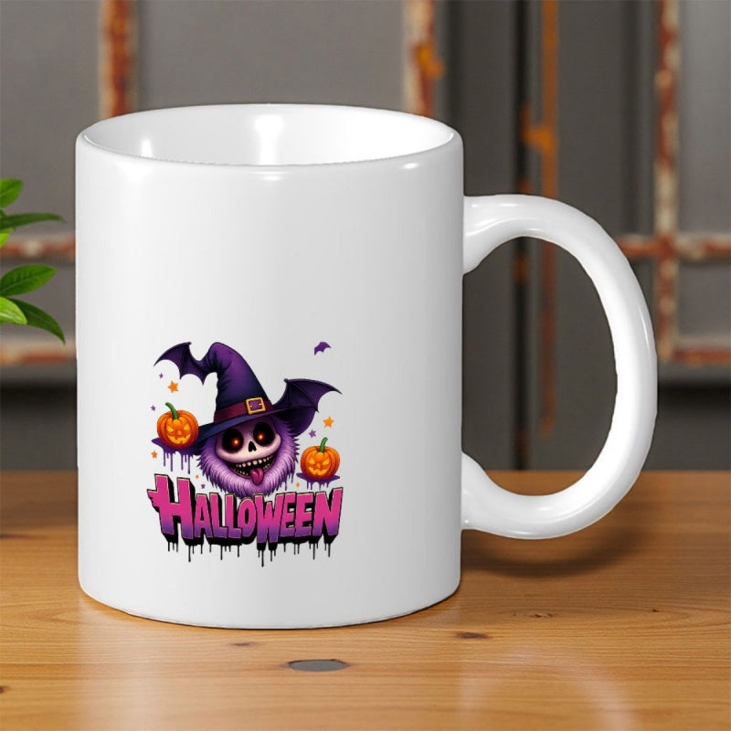 Tailorly White Ceramic 11 oz Mug - Halloween Spooky Purple Character Wearing Witch Hat Surrounded By Festive Jack O Lanterns Ghost