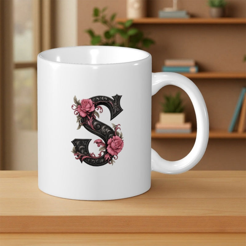 Tailorly White Ceramic 11 oz Mug - S Elegant Black Serif Design Intertwined With Blooming Pink Roses And Foliage Letter
