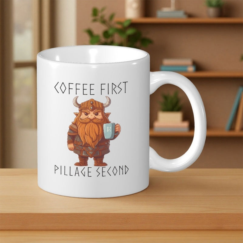 Tailorly White Ceramic 11 oz Mug - Coffee First Pillage Second Cartoon Brave Little Warrior Holding Warm Coffee In Furry Armor Viking