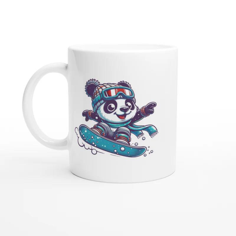 Tailorly White Ceramic 11 oz Mug - Cute Cartoon Panda Wearing Winter Gear Snowboarding On Fresh Mountain Snow Panda