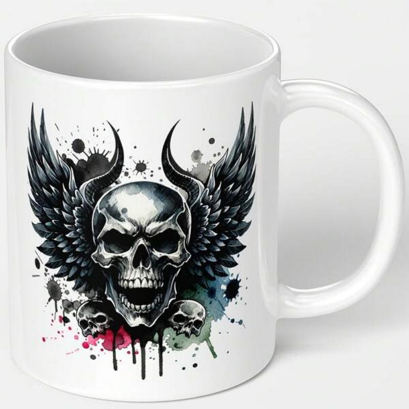 Tailorly White Ceramic 11 oz Mug - Gothic Dark Wings Spreading Behind Intricate Grinning Metallic Ink Splattered Skull