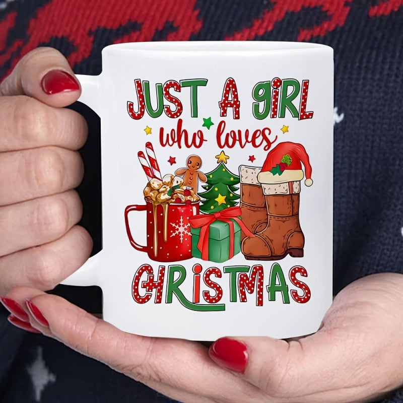 Tailorly White Ceramic 11 oz Mug - Just A Girl Who Loves Christmas Festive Seasonal Decoration With Hot Cocoa And Gingerbread Mug