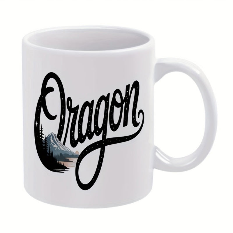 Tailorly White Ceramic 11 oz Mug - Oregon Artistic Mountain Peak Inside Lettering With Pine Trees And Stars Mountain