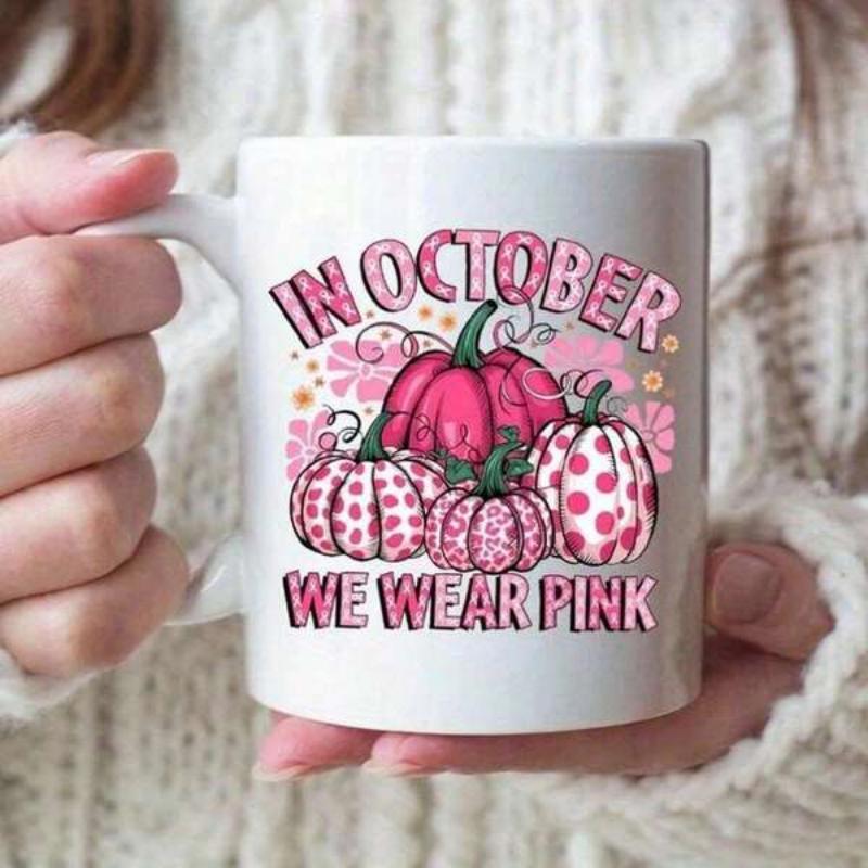 Tailorly White Ceramic 11 oz Mug - In October We Wear Pink Artistic Pink Patterned Pumpkins Surrounded By Small Delicate Flowers Pumpkin