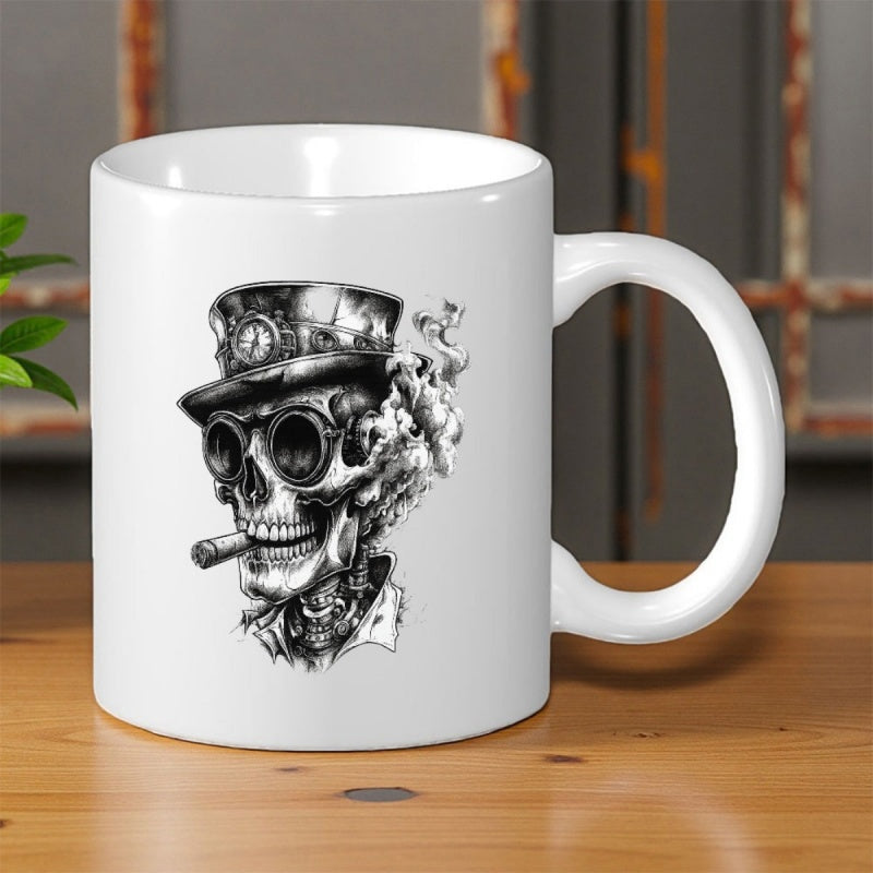 Tailorly White Ceramic 11 oz Mug - Vintage Steampunk Illustration Featuring Goggles And Top Hat On Smoking Skull