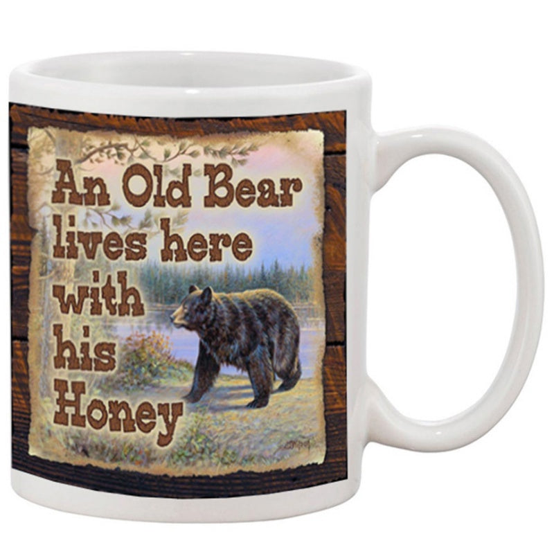 Tailorly White Ceramic 11 oz Mug - An Old Bear Lives Here With His Honey Majestic Wild Grizzly Walking Through Lush Forest Wilderness Scenic Bear