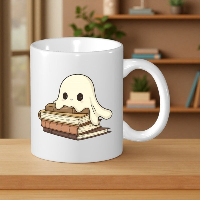 Tailorly White Ceramic 11 oz Mug - Cute Little Ghost Resting Quietly On A Stack Of Aged Story Books Ghost