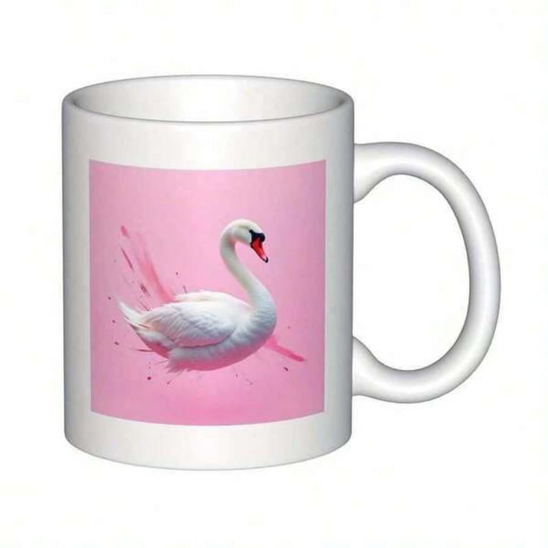 Tailorly White Ceramic 11 oz Mug - Graceful White Bird Floating Over Artistic Pink Background With Paint Splashes Swan