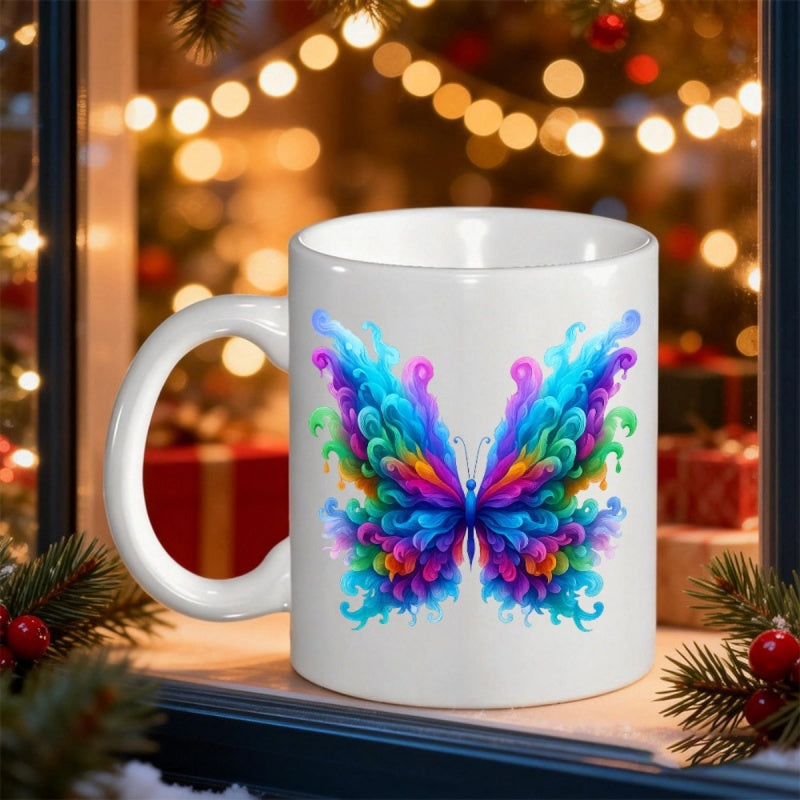 Tailorly White Ceramic 11 oz Mug - Vivid Abstract Swirls Of Rainbow Colors Forming A Majestic Symmetrical Butterfly