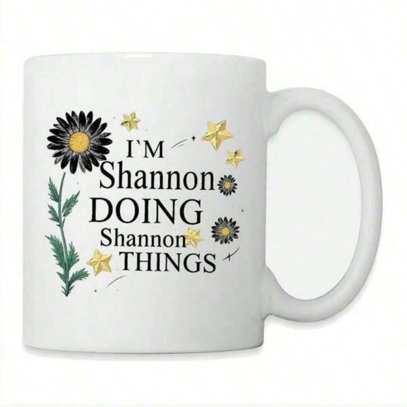 Tailorly White Ceramic 11 oz Mug - I M Shannon Doing Shannon Things Elegant Black Floral Bloom With Golden Stars Scattered Around Botanical Petals Daisy