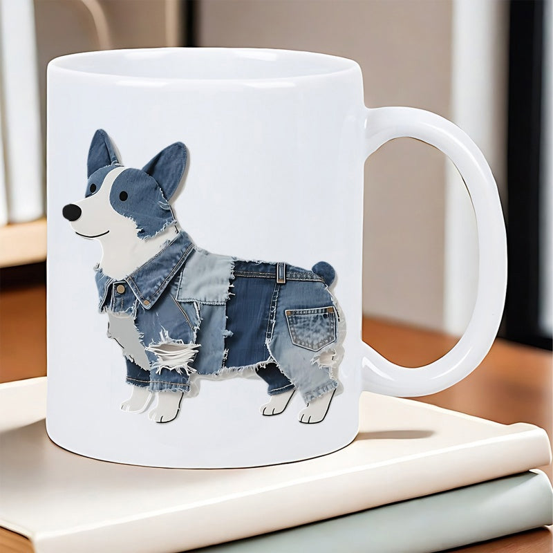 Tailorly White Ceramic 11 oz Mug - Adorable Dog Wearing Stylish Ripped Blue Denim Vest Illustration Corgi