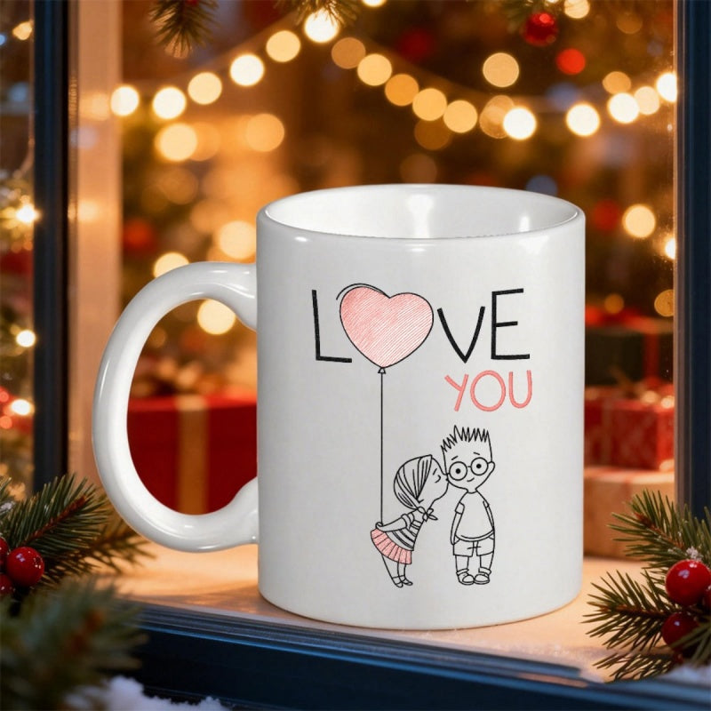 Tailorly White Ceramic 11 oz Mug - Love You Minimalist Line Art Sketch Of Young Couple With Heart Balloon Mug