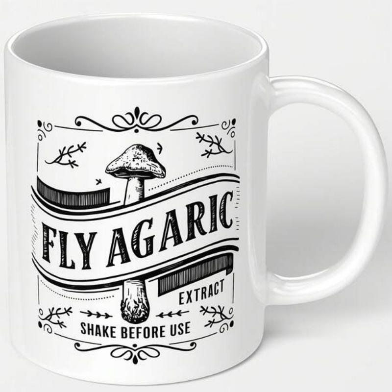 Tailorly White Ceramic 11 oz Mug - Fly Agaric Extract Shake Before Use Vintage Apothecary Label Style With Detailed Botanical Elements And Decorative Frame