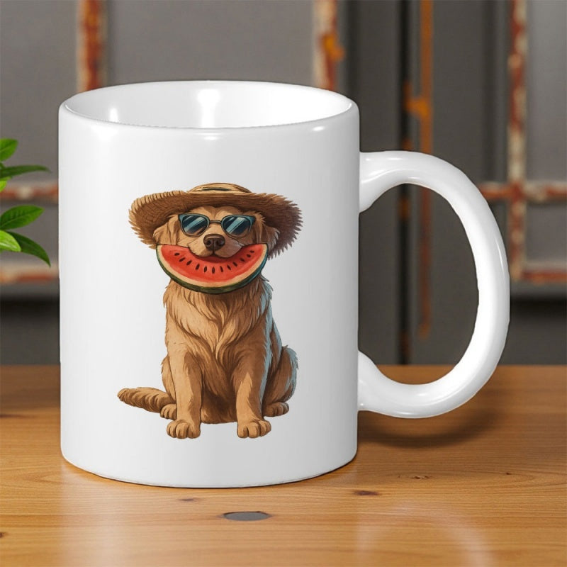 Tailorly White Ceramic 11 oz Mug - Adorable Golden Wearing Summer Straw Hat And Sunglasses With Juicy Watermelon Retriever