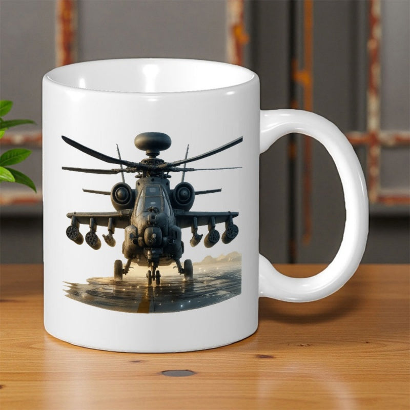 Tailorly White Ceramic 11 oz Mug - Powerful Military Attack Aircraft Resting On A Wet Tarmac Deck Helicopter