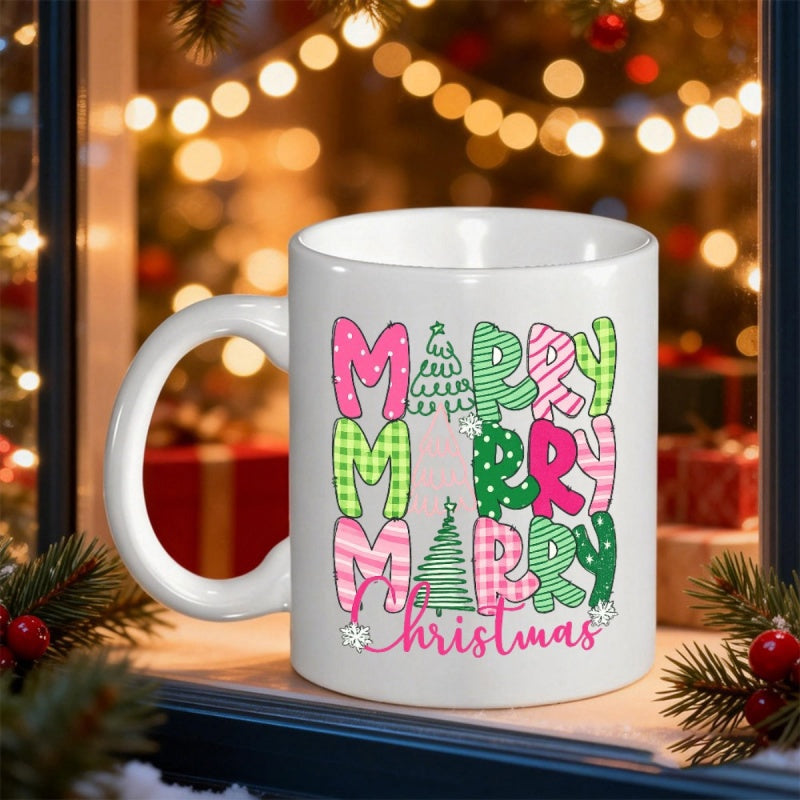 Tailorly White Ceramic 11 oz Mug - Merry Christmas Colorful Festive Patterned Letters Among Green Hand Drawn Trees Mug
