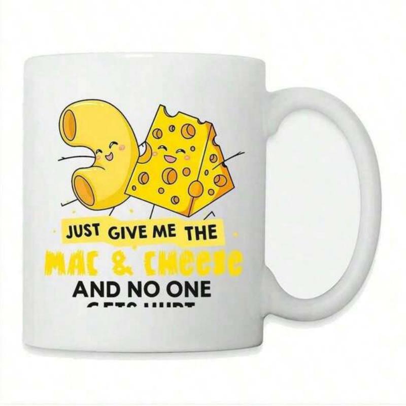 Tailorly White Ceramic 11 oz Mug - Just Give Me The Mac Cheese And No One Gets Hurt Cute Smiling Cartoon Pasta Hugging A Yellow Wedge Cheese