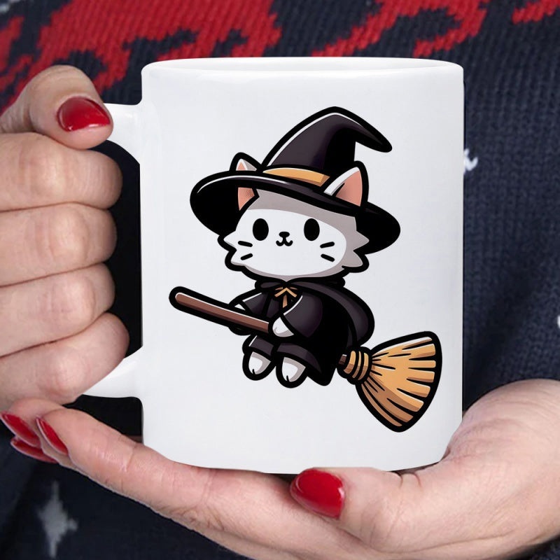Tailorly White Ceramic 11 oz Mug - Adorable Little White Cat Wearing Witch Hat Riding Wooden Broomstick Cat