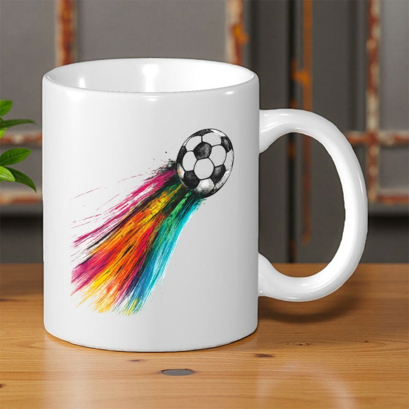 Tailorly White Ceramic 11 oz Mug - Dynamic Abstract Rainbow Trail Streaking Behind A Flying Sporty Soccer Ball
