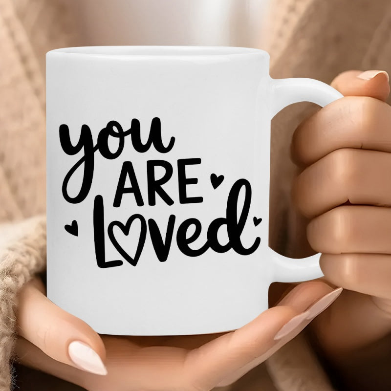 Tailorly White Ceramic 11 oz Mug - You Are Loved Minimalist Black Lettering With Cute Small Hearts Scattered Around The Heart