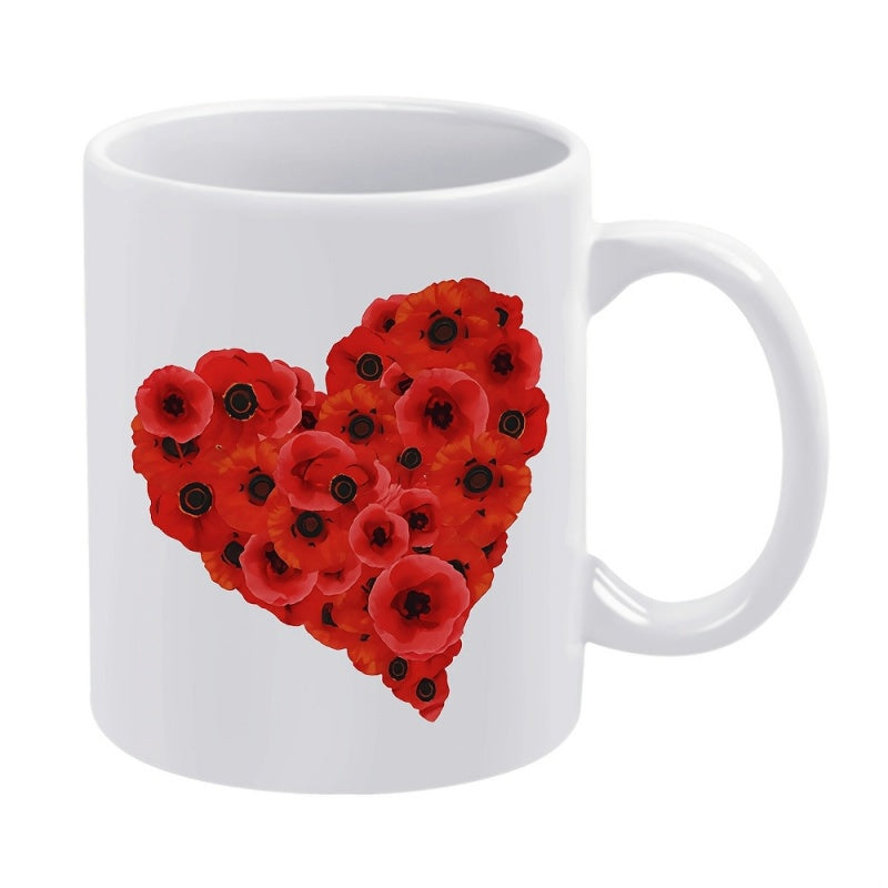 Tailorly White Ceramic 11 oz Mug - Vibrant Red Blossoming Poppies Arranged In A Romantic Floral Heart