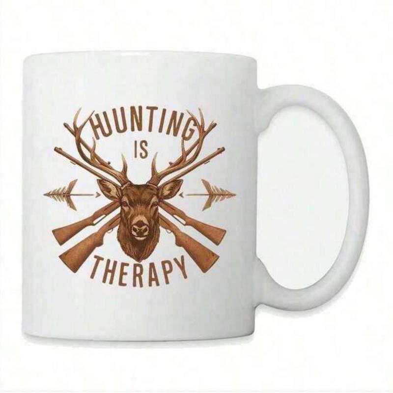 Tailorly White Ceramic 11 oz Mug - Hunting Is Therapy Rustic Brown Buck Head With Crossed Hunting Rifles And Arrows Deer