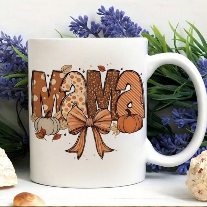 Tailorly White Ceramic 11 oz Mug - MAMA Rustic Orange Pumpkins Decorated With Falling Autumn Leaves And Large Bow Mug