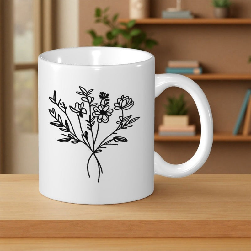 Tailorly White Ceramic 11 oz Mug - Minimalist Black Line Art Illustration Featuring Delicate Wild Growing Field Bouquet