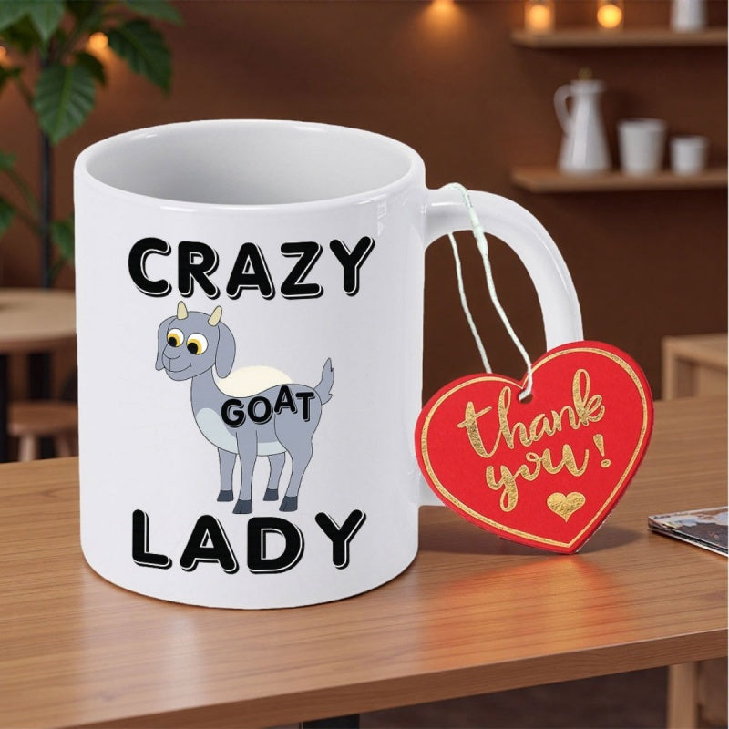 Tailorly White Ceramic 11 oz Mug - Crazy Goat Lady Adorable Grey Farm Animal Standing With Small Horns On Plain Surface Goat