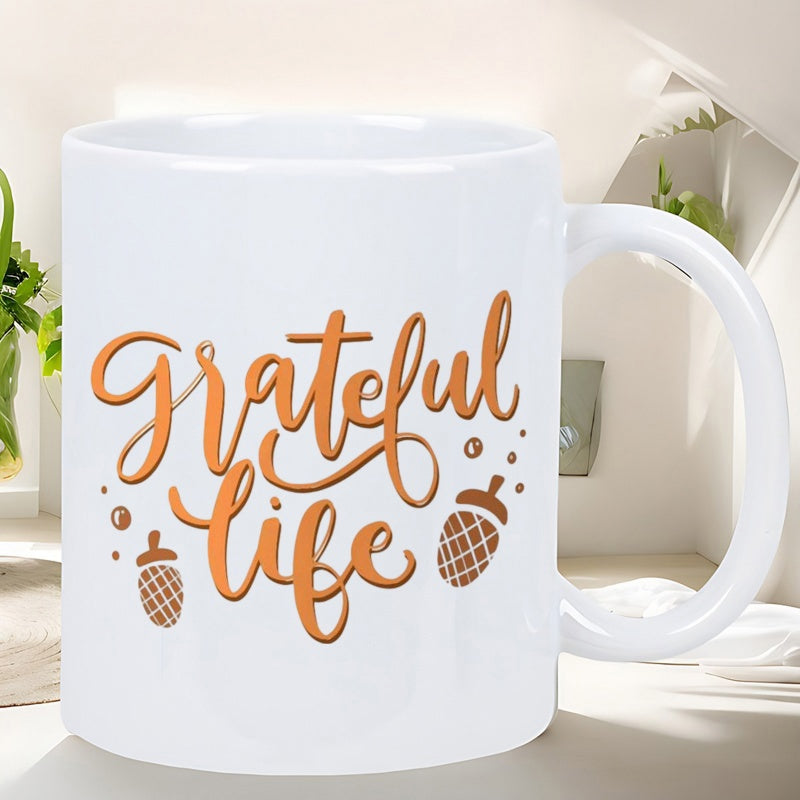 Tailorly White Ceramic 11 oz Mug - Grateful Life Decorative Script Lettering With Small Autumn Inspired Falling Acorns Mug