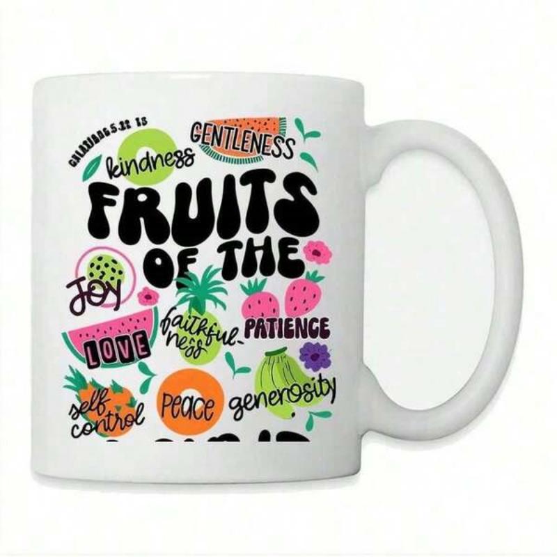 Tailorly White Ceramic 11 oz Mug - Fruits Of The Gentleness Kindness Joy Love Peace Patience Faithfulness Self Control Generosity Galatians Vibrant Hand Drawn