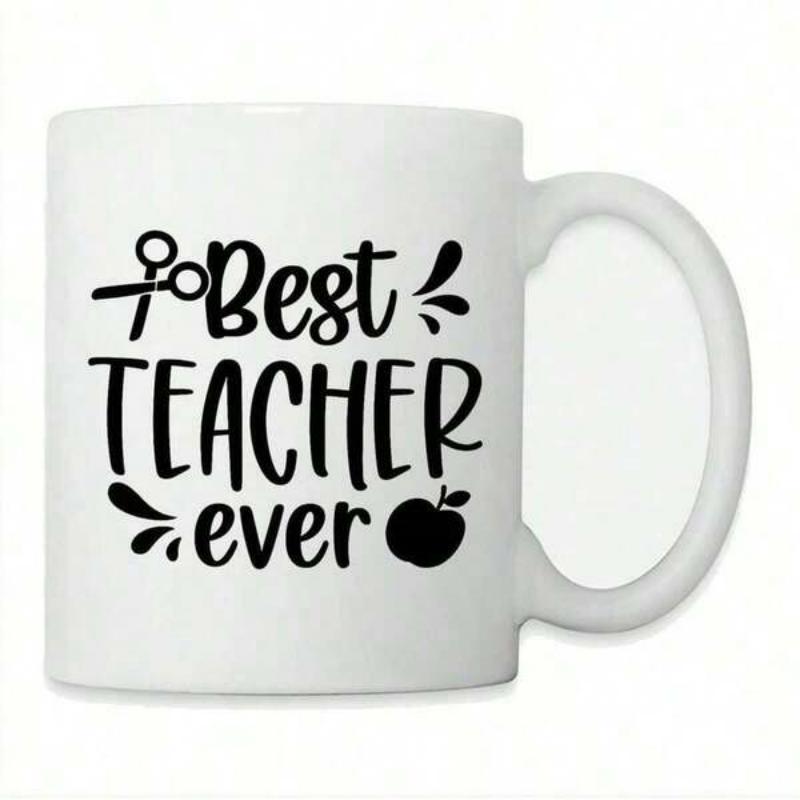 Tailorly White Ceramic 11 oz Mug - Best Teacher Ever Academic Themed Elements With Silhouette Of School Supplies And Ripe Apple