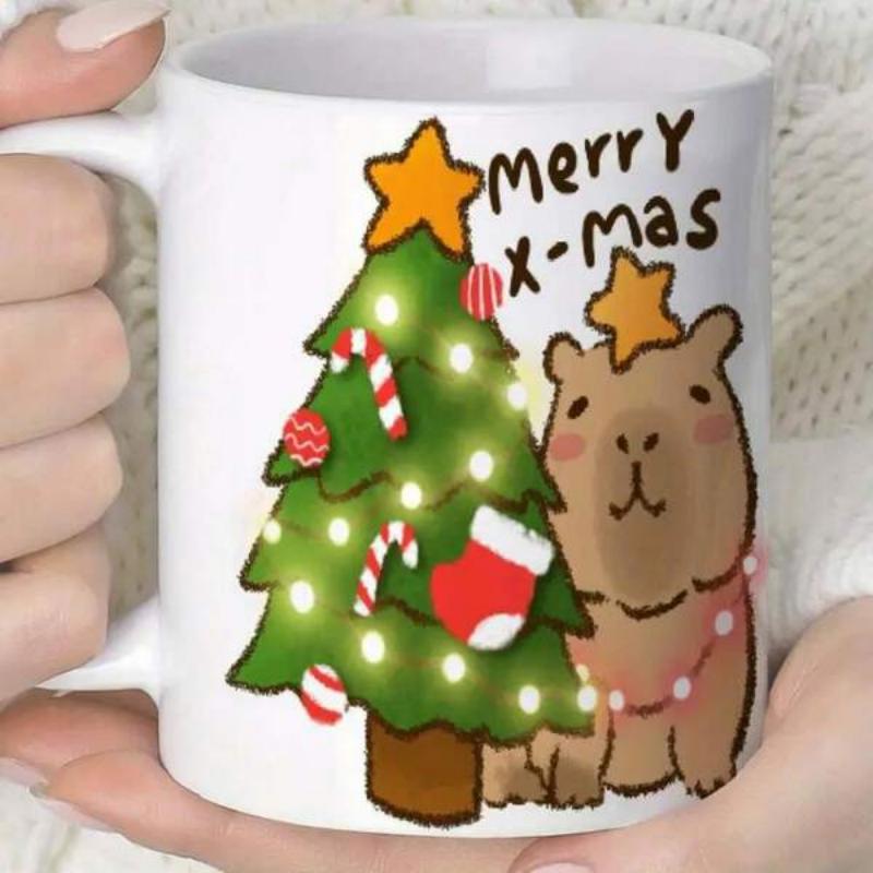 Tailorly White Ceramic 11 oz Mug - Merry X Mas Festive Decorated Christmas Tree With Lights Beside A Cute Smiling Capybara