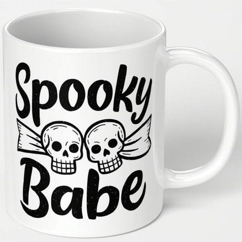 Tailorly White Ceramic 11 oz Mug - Spooky Babe Hand Drawn Skulls With Decorative Ribbons Under Gothic Style Lettering Skull