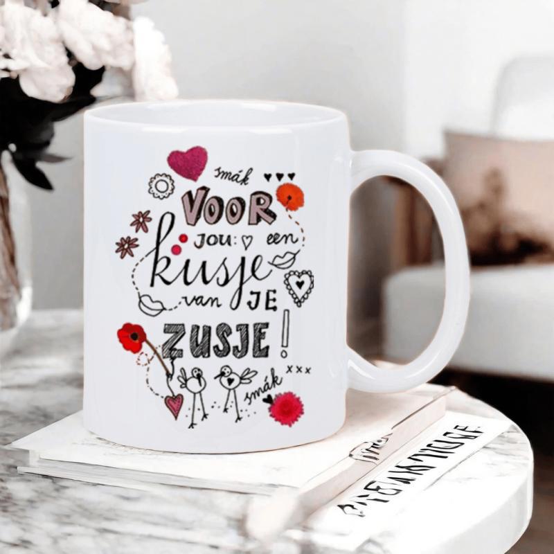 Tailorly White Ceramic 11 oz Mug - Whimsical Hand Drawn Birds And Roses Surrounded By Floating Hearts Pattern