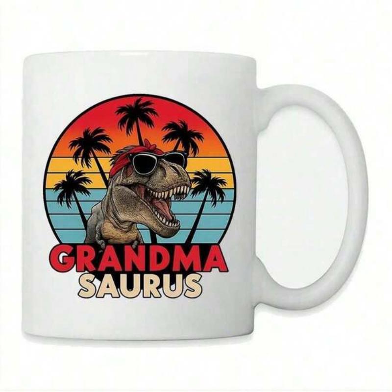 Tailorly White Ceramic 11 oz Mug - Grandma Saurus Retro Sunset Silhouette With Palm Trees And Cool Dinosaur Wearing Sunglasses T Rex
