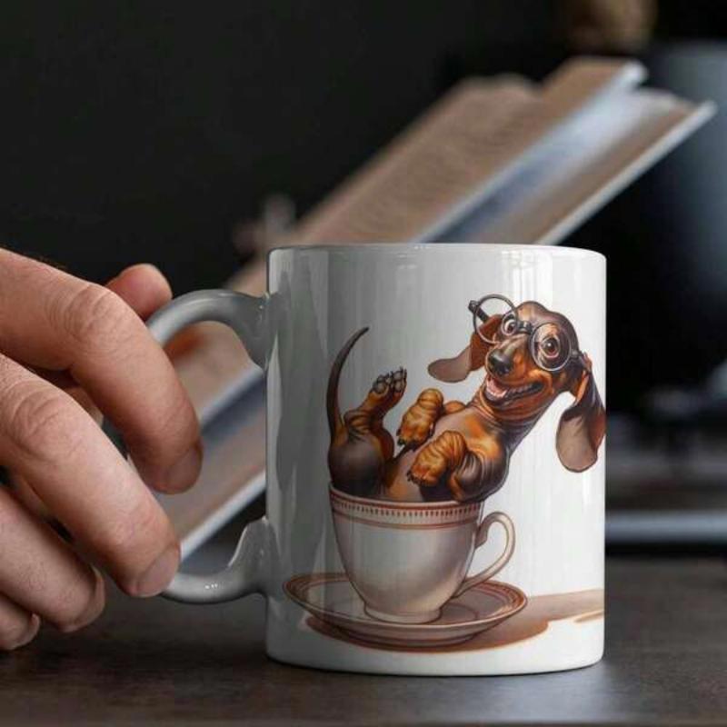 Tailorly White Ceramic 11 oz Mug - Adorable Cartoon Wiener Dog Wearing Glasses Resting Inside A Small Teacup Dachshund