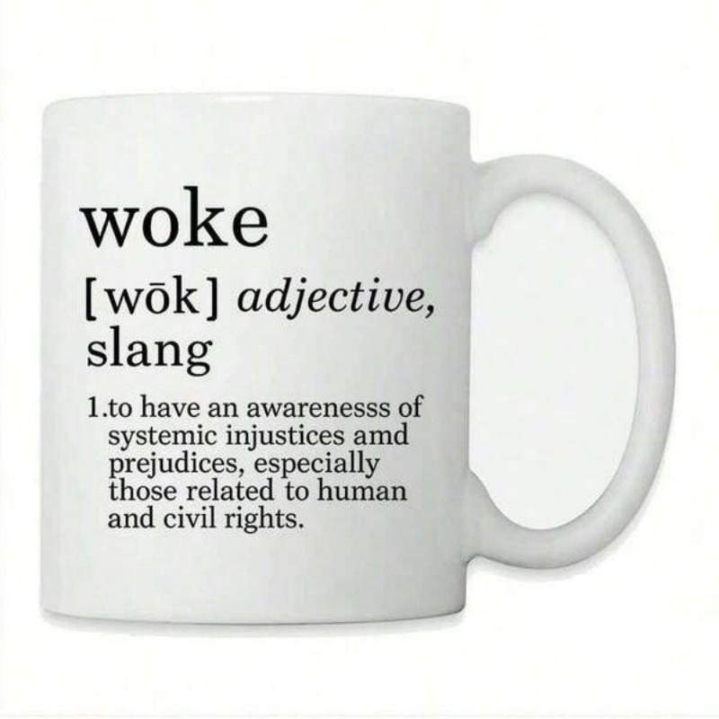 Tailorly White Ceramic 11 oz Mug - Woke Adjective Slang Minimalist Black Text Defining Modern Social Justice Dictionary Definition
