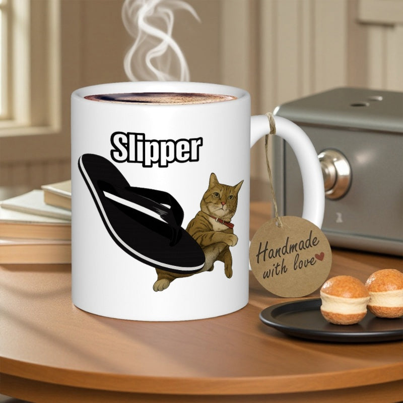 Tailorly White Ceramic 11 oz Mug - Slipper Adorable Ginger Cat Resting Beside Large Black Casual Summer Footwear Slipper
