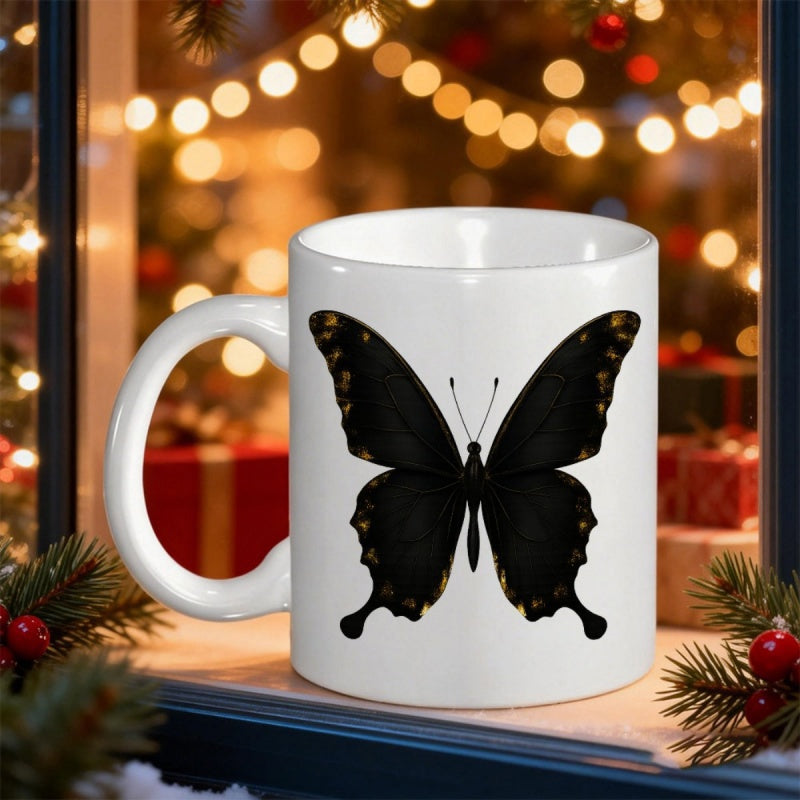 Tailorly White Ceramic 11 oz Mug - Elegant Black Wings Featuring Delicate Gold Speckled Symmetrical Nature Butterfly