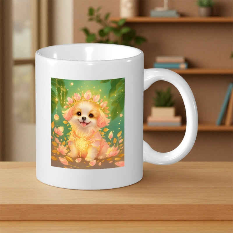 Tailorly White Ceramic 11 oz Mug - Enchanting Golden Fluffy Dog Wearing Floral Crown Amidst Magical Glowing Forest Puppy