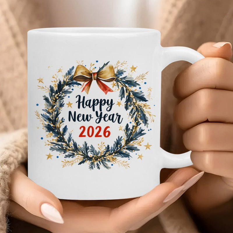 Tailorly White Ceramic 11 oz Mug - Happy New Year 2026 Elegant Festive Evergreen Garland Decorated With Sparkling Golden Stars And Bow Wreath