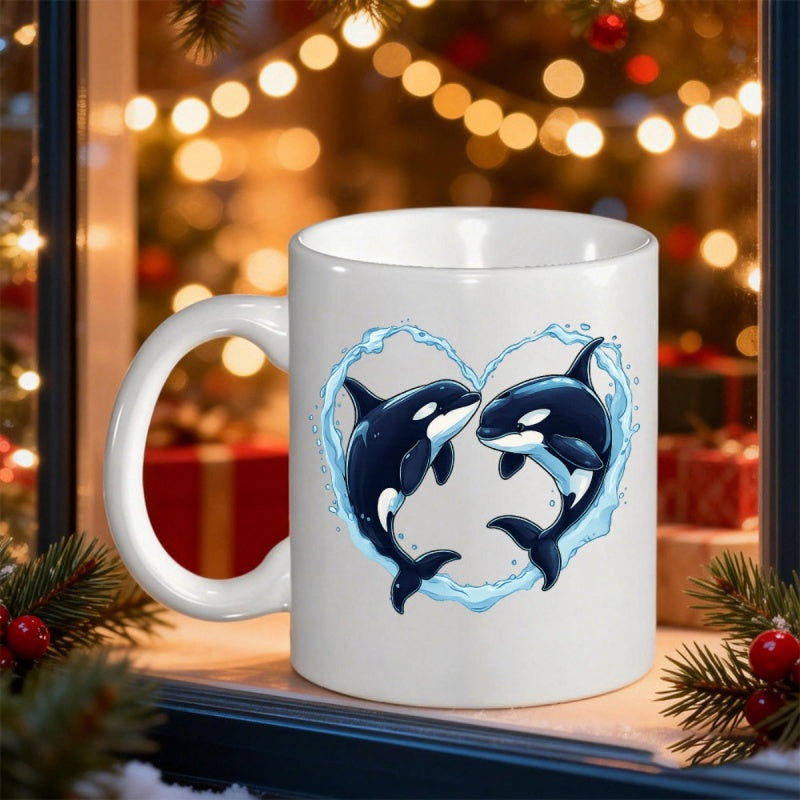 Tailorly White Ceramic 11 oz Mug - Two Majestic Whales Jumping Through Water Splashes Forming A Heart Shape Orcas