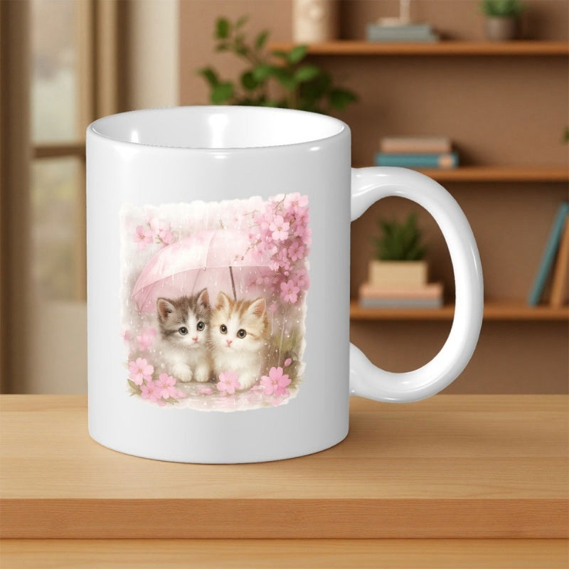 Tailorly White Ceramic 11 oz Mug - Two Tiny Kittens Under A Pink Umbrella Surrounded By Cherry Blossoms Kittens