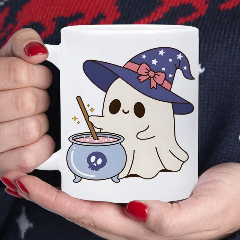 Tailorly White Ceramic 11 oz Mug - Adorable Magic Witch Wearing Starry Hat Stirring Potion In Spooky Cauldron Ghost