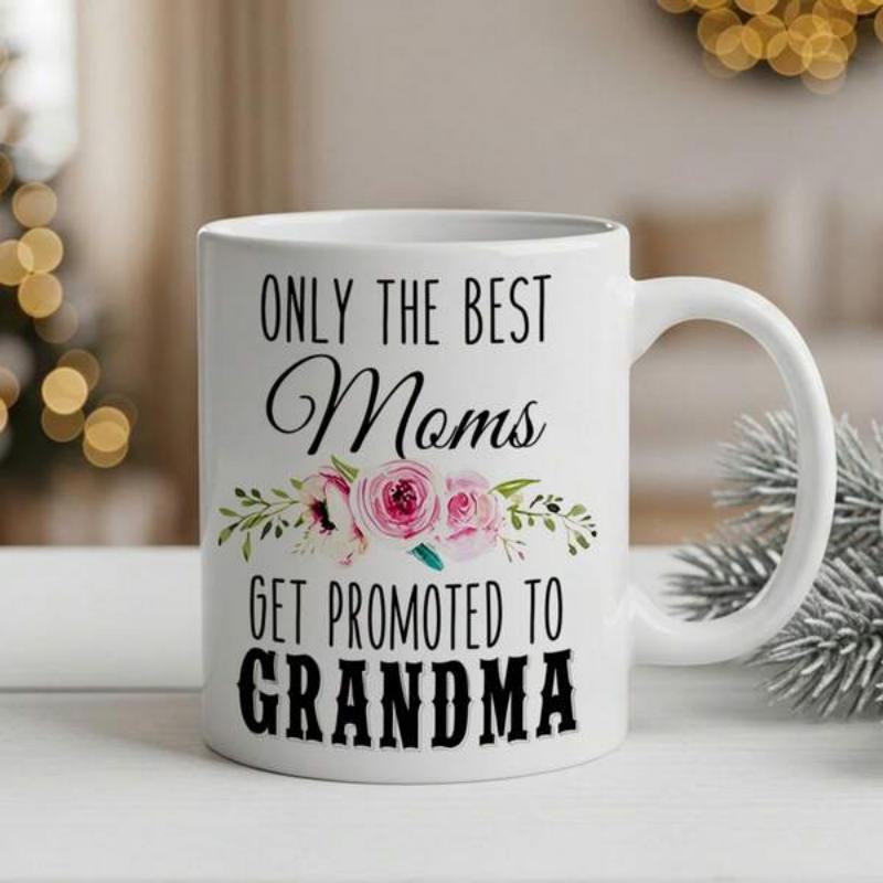 Tailorly White Ceramic 11 oz Mug - Only The Best Moms Get Promoted To Grandma Beautiful Watercolor Pink Roses With Elegant Green Leaves Blossoming Horizontal Mug