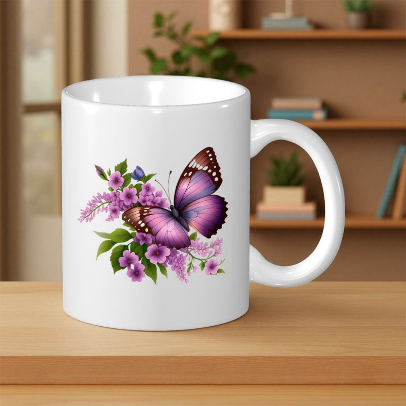 Tailorly White Ceramic 11 oz Mug - Vibrant Purple Wings Resting Among Blooming Spring Flowers And Leaves Butterfly