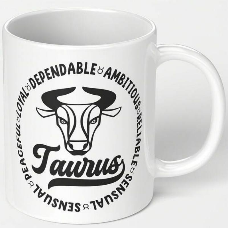 Tailorly White Ceramic 11 oz Mug - Taurus Loyal Dependable Ambitious Reliable Sensual Peaceful Minimalist Black Line Art Bull Head Centered Within Circular Border